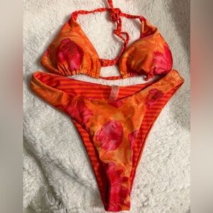 NWT Orange & Pink Floral Reversible Striped Bikini Set